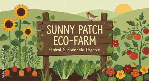 Charming flat vector illustration of a farm sign surrounded by sunflowers, carrots, tomatoes, and a bird, representing organic and sustainable agriculture under a sunny sky