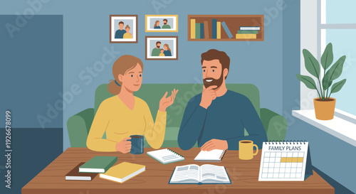 Young couple sitting at a table planning their future together with a calendar and notebooks in a cozy living room interior. Flat vector illustration