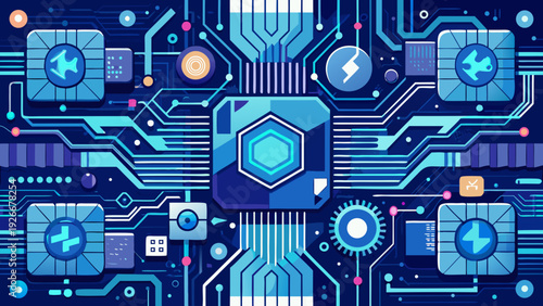 Intricate digital network of interconnected futuristic processors and pathways Vector