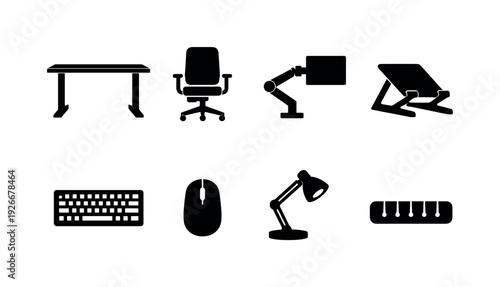 Office modern workstation essentials: adjustable desk, office chair, monitor arm, laptop stand, keyboard, mouse, desk lamp, cable organizer