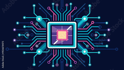 Advanced digital technology and futuristic microchip with glowing connections. Vector