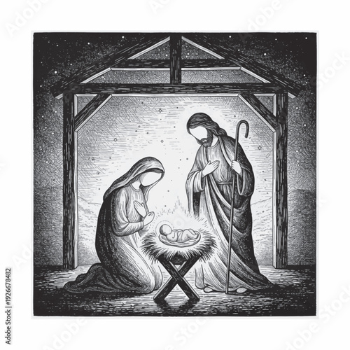 Nativity scene in stable laser engraving design, vintage woodcut vector illustration, detailed hand drawn ink line art Mary and Joseph with baby Jesus in manger under wooden shelter for CNC engraving