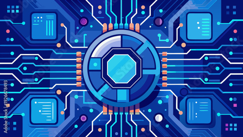 Futuristic digital circuit board with interconnected nodes and glowing pathways Vector