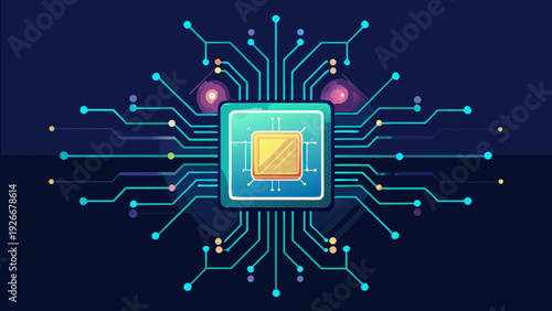 Advanced microchip with glowing neural network connections and futuristic design elements Vector