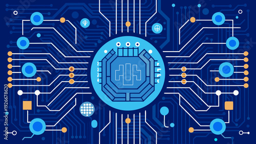 Innovative technology network with interconnected digital pathways and futuristic symbols Vector
