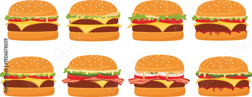 Cheeseburger vector set with different hamburger variations and fresh ingredients for fast food menu restaurant and takeaway design.