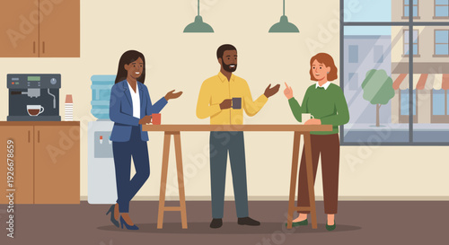 Three diverse colleagues talking and drinking coffee during a break in a modern office kitchen, enjoying a friendly conversation together around a high table with a window view