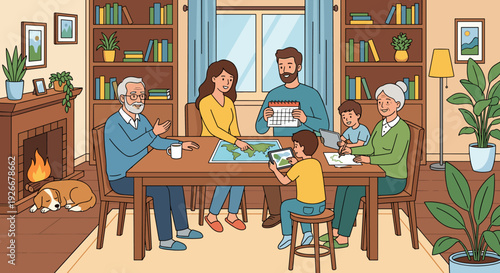 Large three-generation family with kids and grandparents planning a trip with a map in a cozy living room, a warm and happy cartoon vector illustration
