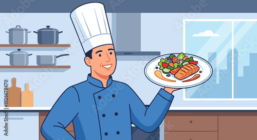 Smiling male chef in a blue uniform and toque proudly presents a delicious plate of grilled salmon with fresh vegetable salad in a modern restaurant kitchen