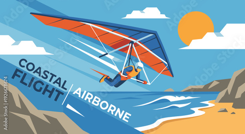 Orange and blue hang glider flying high above a scenic coastal landscape in a dynamic, flat vector illustration style showing a person enjoying an extreme sport