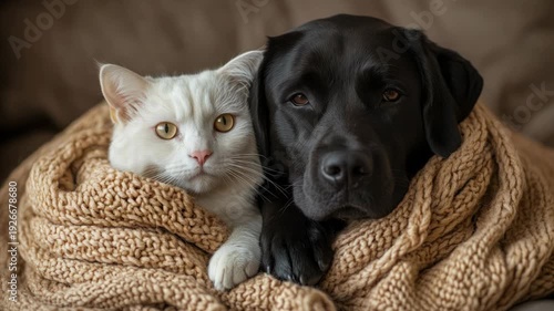 Wallpaper Mural A white cat and black dog snuggle together in a cozy tan blanket Torontodigital.ca