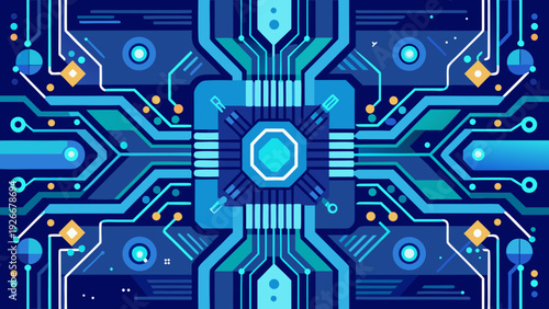 A futuristic digital circuit design with glowing blue and teal pathways. Vector
