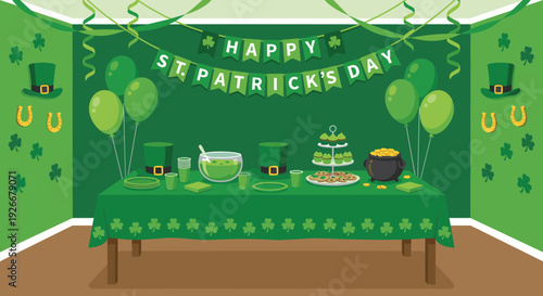 Festive St. Patrick's Day party room illustration with a decorated table featuring a pot of gold, leprechaun hats, green punch, and a celebratory banner hanging on the wall