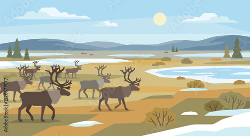 Herd of wild reindeer with large antlers migrates across a vast, snowy tundra landscape in a serene flat vector illustration of an arctic scene with mountains and a pale sun