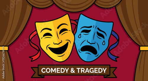 Yellow comedy and blue tragedy theatrical masks symbolizing drama and emotion are illustrated in a cartoon style on a stage with red and brown curtains