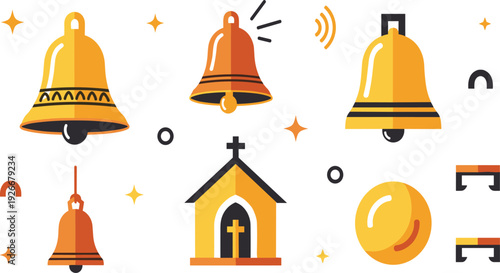 Church bell and chapel vector set with ringing golden bells and religious building for christian celebration notification and faith design.