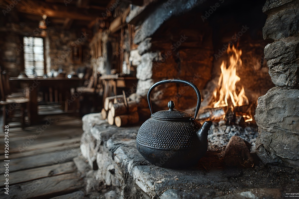 Fototapeta premium Interior of a rustic log cabin features a roaring fire in a stone fireplace and a vintage iron kettle on the hearth in a warm cozy atmosphere.