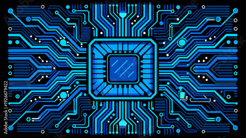 Intricate digital circuit design with glowing blue pathways and central processor Vector