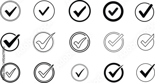 Collection of various checkmark icons in different styles and outlines