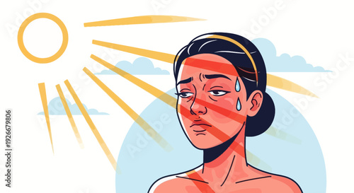 sunburn woman, heatstroke, summer, sun, skin damage, red face