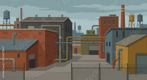 Industrial factory complex with brick buildings, pipes, water towers, and a smokestack under a gloomy overcast sky in a flat vector illustration style