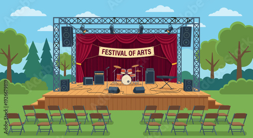 Outdoor concert stage with musical instruments, a red curtain, and a festival banner is set up on a green lawn with empty chairs for an upcoming show