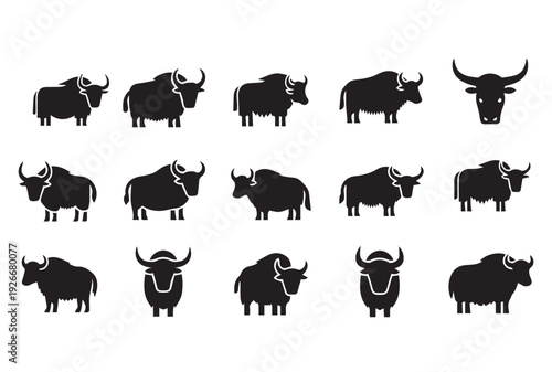 Yak and Muskox Silhouette Icons Set – Himalayan Wild Ox Vector Graphics