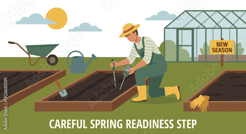 Gardener in green overalls and hat measures the soil in a raised bed with a digital meter, preparing for the new spring planting season with a greenhouse in the background