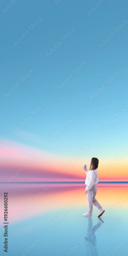 Fototapeta premium Dreamy artwork woman walking with coffee in pastel sunset horizon space. Concept of calm morning routine, mindful lifestyle branding, coastal real estate atmosphere, serene living vision.