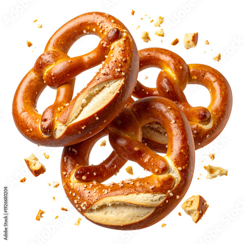 Soft Pretzels with Crumbs Floating on Air - Transparent Background