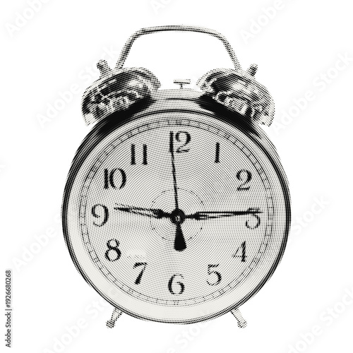 Retro halftone alarm clock collage element. Vintage photocopy dithered time object isolated on transparent background. Mixed media. Vector illustration