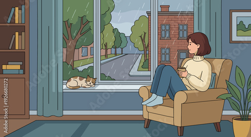 Calm woman in a warm sweater relaxes in an armchair with a hot drink, watching the rain fall outside her cozy apartment window next to her sleeping cat on the sill