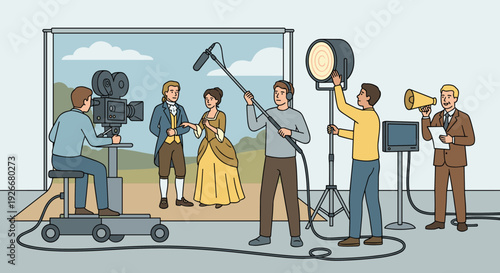 Film crew shooting a historical movie scene with actors in period costumes on a studio set with professional equipment like a camera, light, and boom microphone