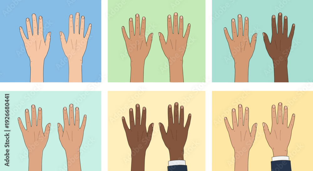 Fototapeta premium diverse hands, different skin tones, unity concept, support, inclusion