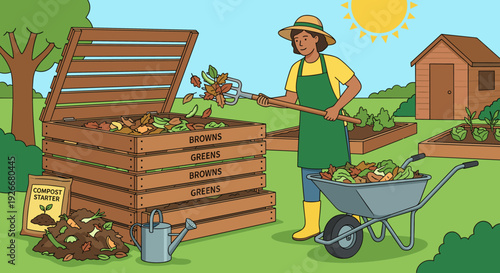 Female gardener composting organic waste into a large wooden bin with a pitchfork in a sunny backyard vegetable garden with a wheelbarrow and shed