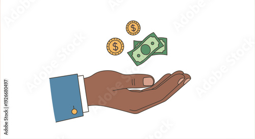 hand holding money, coins and banknotes, financial concept, giving money