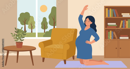 Pregnant woman in a blue dress doing prenatal yoga exercises on a mat in a cozy and bright living room with a window view, promoting a healthy and active lifestyle during pregnancy