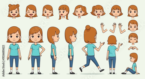 cartoon girl character set, various poses and expressions