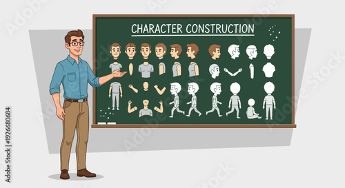 character construction, teacher explaining drawing tutorial on blackboard