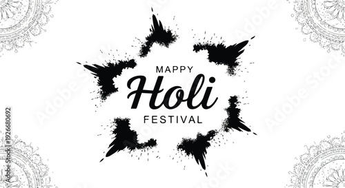 Happy Holi Festival greeting card with colorful powder splashes and traditional designs on a white background