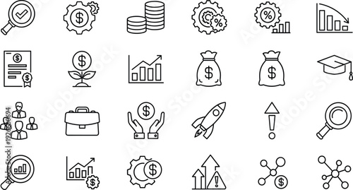 Eco friendly net zero energy recycling waste management charity fintech banking cryptocurrency construction tools and global business growth vector icons set