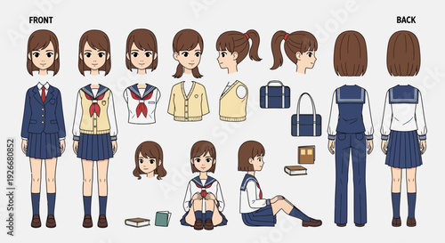 japanese schoolgirl character design, front and back view