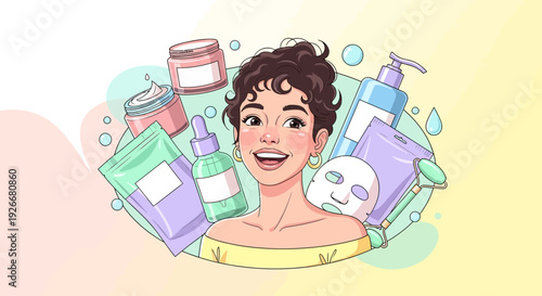 happy woman with skincare products, beauty routine