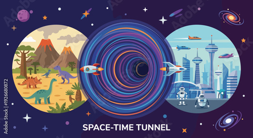 Colorful space-time tunnel vector illustration shows a wormhole connecting the prehistoric dinosaur era with a futuristic city, symbolizing the concept of time travel, evolution, and progress