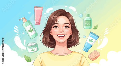 happy woman with beauty products, skincare routine
