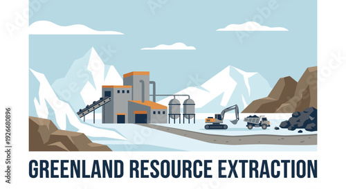 Industrial mining and processing plant with heavy machinery like an excavator and dump truck operating in a snowy mountain landscape, flat vector illustration