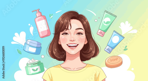 happy woman with skincare products, beauty and wellness concept