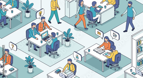 Isometric office scene with employees working at desks, teamwork concept