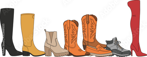 Stylish Women Boots Collection Vector Illustration Featuring High Heels Cowboy Ankle and Winter Boots Isolated on Light Background for Fashion Design