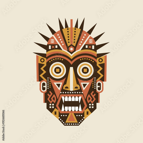 Sacred Tribal Mask: A striking geometric design showcases an intricate tribal mask, radiating cultural heritage and artistic craftsmanship.